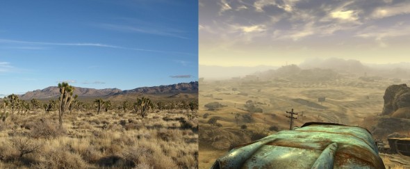 Le désert de Mojave, version normal et version post apocalyptique (Fallout New Vegas).